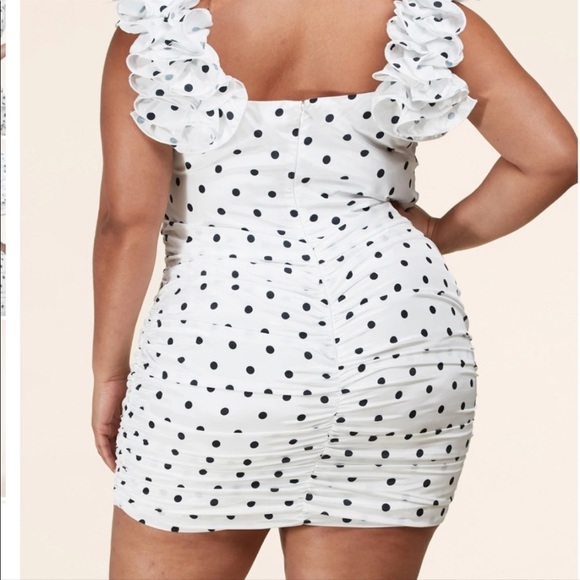 Polka-Dot Ruffled Ruched Silk-like Mini Dress - Picture 3 of 8